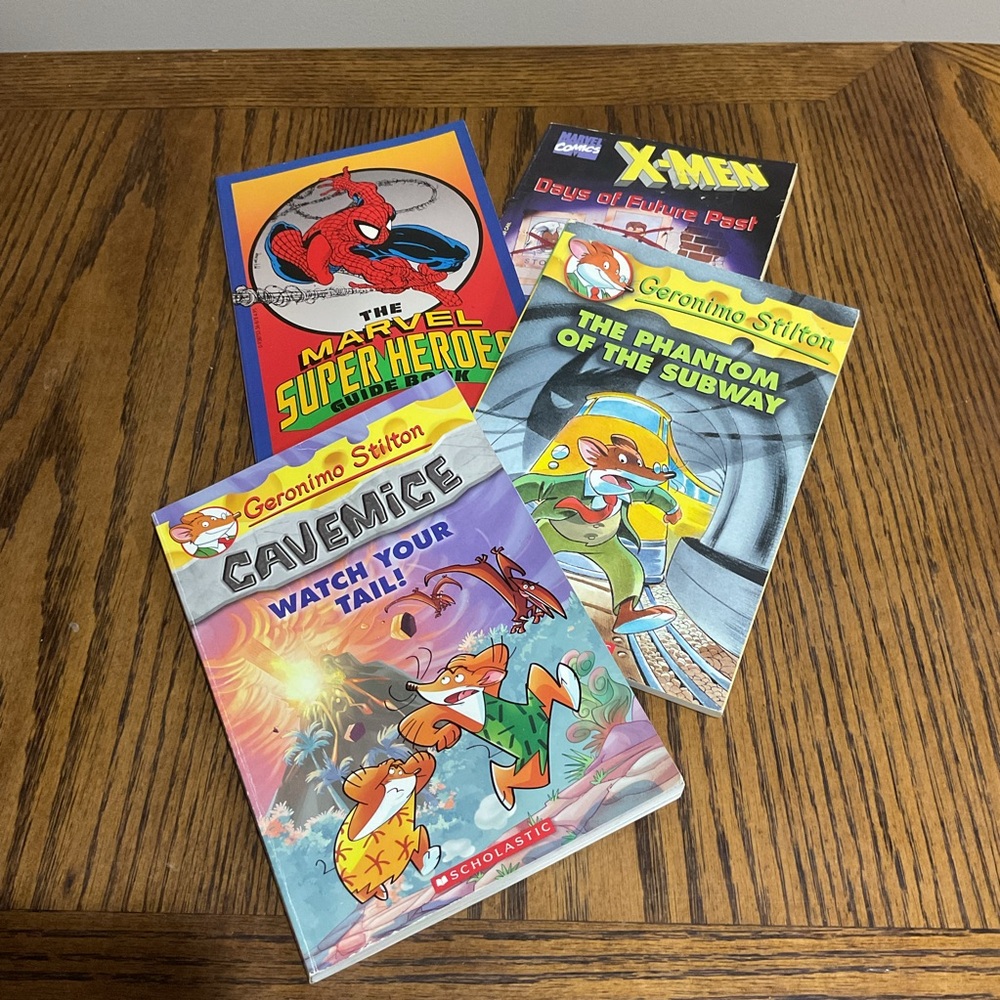 2 Geronimo Stilton and 2 Marvel Comic: X-men & Spider-Man Chapter Books Set